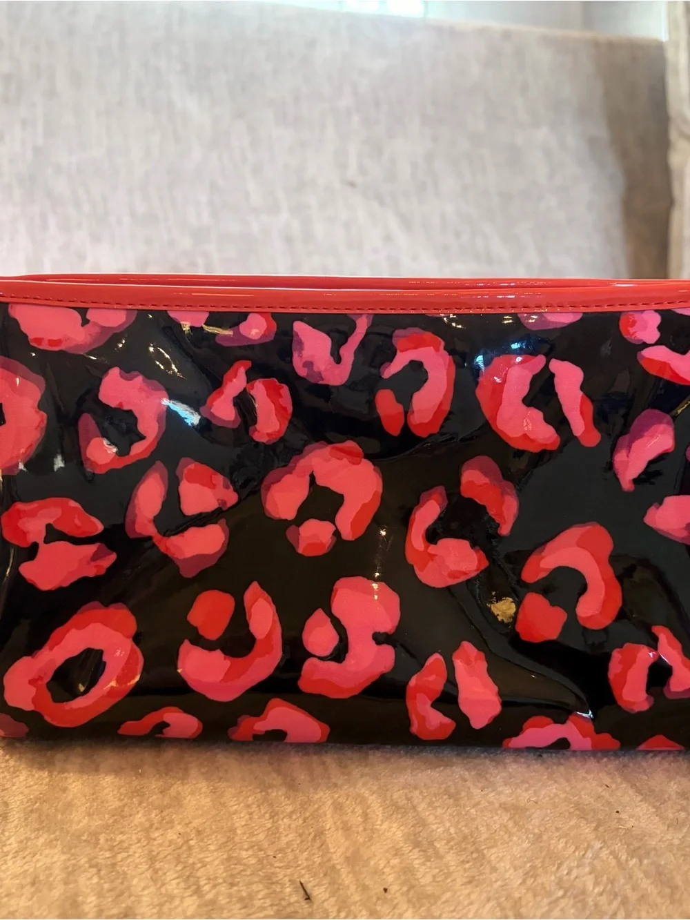 kate spade Black Patent Clutch with Pink Leopard Print and Red Trim